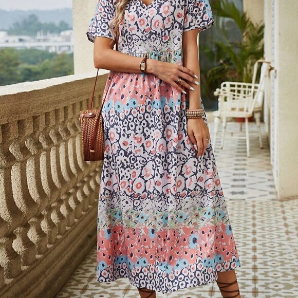 Multicolor Boho Women's Printed Short Sleeve Dress With Split Hem - Picture 5 of 5